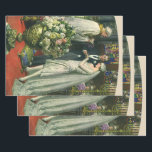 Trouwfoto bruid en bruidegom met menorah in vintag inpakpapier vel<br><div class="desc">Illustratie van een liefdevolle en romantische trouwceremonie in vintage stijl met een koppel dat trouwt in een prachtige synagoge met glas-in-loodramen,  bloemen en een zevenarmige menorah. De bruid draagt een lange witte trouwjurk en de bruidegom is knap in zijn smoking.</div>