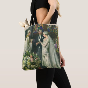 Trouwfoto bruid en bruidegom met Menorah in vintag Tote Bag