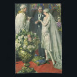 Trouwfoto bruid en bruidegom met Menorah Theedoek<br><div class="desc">Vintage illustratie van liefde en romantiek trouwceremonie afbeelding met een paar dat trouwt in een prachtige synagoge met glas in loodramen,  bloemen en een zevenarmige menorah. De bruid draagt een lange witte trouwjurk en de bruidegom is knap in zijn smoking.</div>
