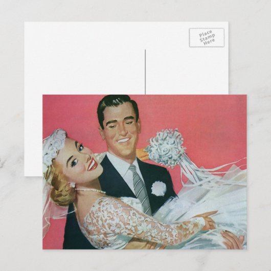 Trouwfoto bruidspaar, bruidegom draagt bruid aankondigingskaart (Voorkant / Achterkant)