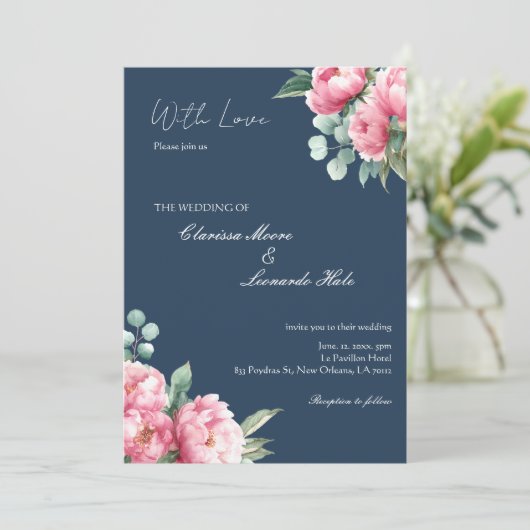 Trouwfoto bruiloft met Navy Blush Pioen Kaart (Staand voorkant)