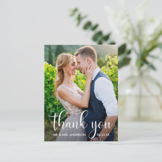 Trouwfoto Calligrafie Script Bedankt Briefkaart (Staand voorkant)