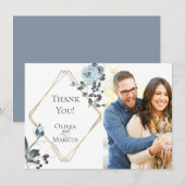 Trouwfoto Dank Je | Stof Blauw Bloemstuk Bedankkaart (Voorkant / Achterkant)