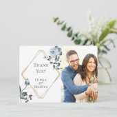 Trouwfoto Dank Je | Stof Blauw Bloemstuk Bedankkaart (Staand voorkant)