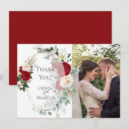 Trouwfoto Dank u wel | Elegant Red Peony Lijst Bedankkaart (Voorkant / Achterkant)