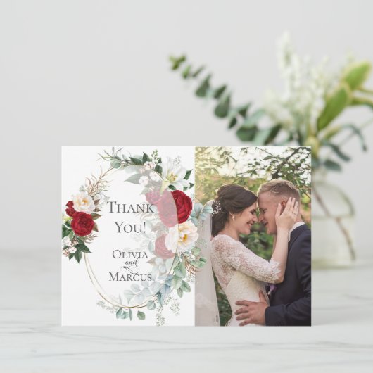 Trouwfoto Dank u wel | Elegant Red Peony Lijst Bedankkaart (Staand voorkant)