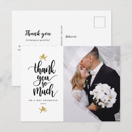 Trouwfoto Dankjewelansichtkaart met gouden Cupido' Briefkaart (Voorkant / Achterkant)
