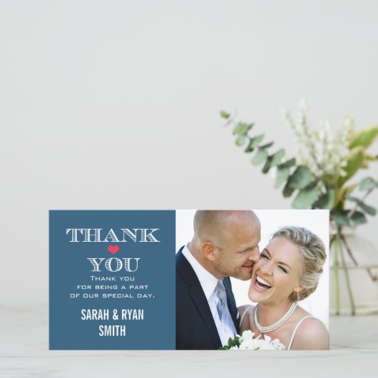 Trouwfoto Dankkaart met Rode Hart en Navy Blauw Bedankkaart (Staand voorkant)