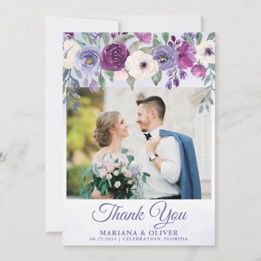 Trouwfoto Dankkaart Paarse Fuchsia Bloemen Kaart (Voorkant)