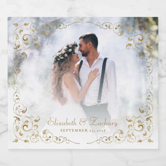 Trouwfoto Elegant  Goud Botanisch Lijst Sparkling Wijnetiket (Enkel label)