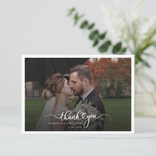 Trouwfoto Elegant script met de hand geschreven Bedankkaart (Staand voorkant)