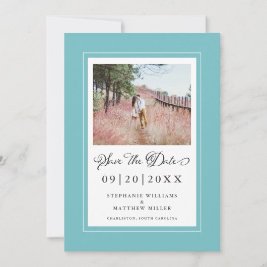 Trouwfoto Elegante Calligrafie Trouw Aqua Save The Date (Voorkant)