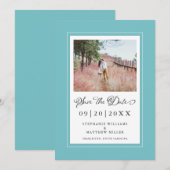 Trouwfoto Elegante Calligrafie Trouw Aqua Save The Date (Voorkant / Achterkant)