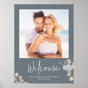 Trouwfoto Florale Blauwe Aquarel Elegante Rozen Poster