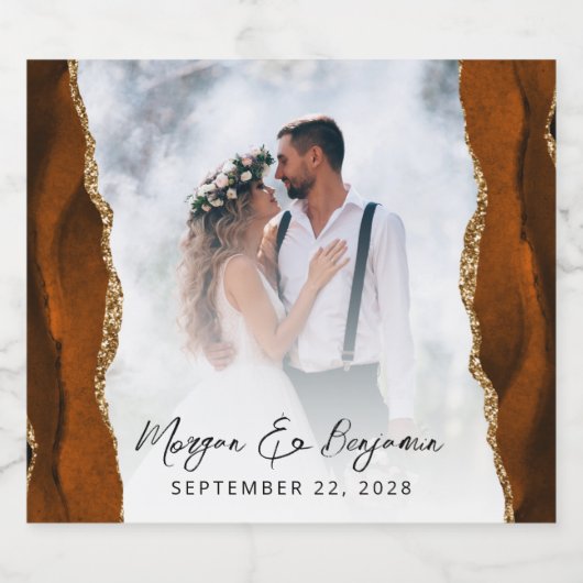 Trouwfoto gebrand Sinaasappel gouden agaat script Sparkling Wijnetiket (Enkel label)