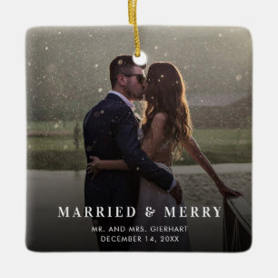 Trouwfoto Getrouwd & Blij Nieuwgetrouwden Kerstmis Keramisch Ornament
