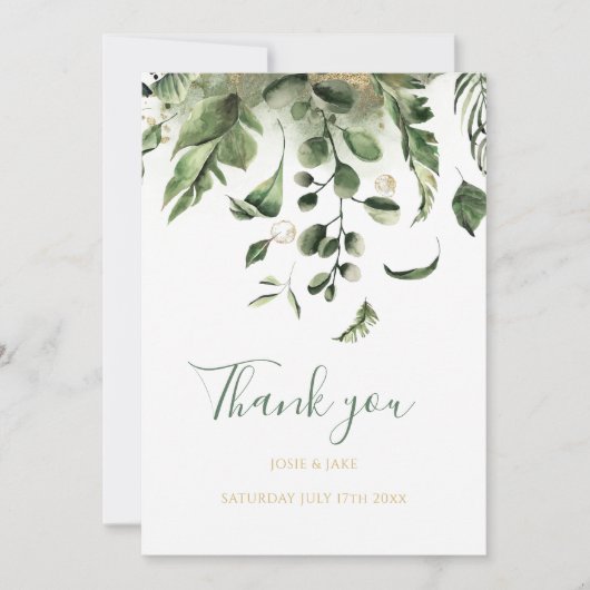 Trouwfoto, groene bladeren tuin bruiloft bedankkaart (Voorkant)