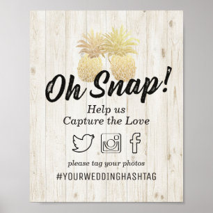 Trouwfoto Hashtag Gouden Ananassen Rustiek Hout Poster