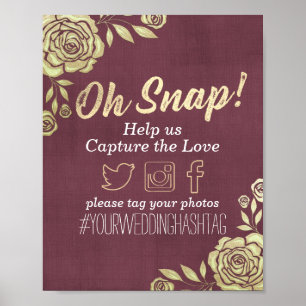 Trouwfoto Hashtag Modern Goud Roos Burgundy Rood Poster