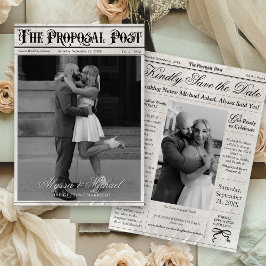 Trouwfoto in krant stijl met zwart en ivoor save the date