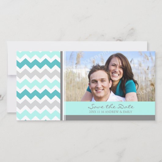 Trouwfoto kaarten met 'Save the Date' in turquoise (Voorkant)