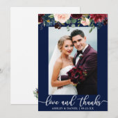 Trouwfoto Liefde Dank U Bordeaux Blauw Bloemmotief Bedankkaart (Voorkant / Achterkant)