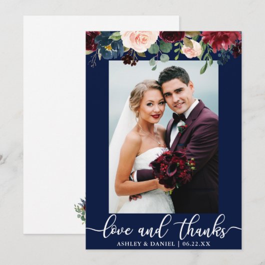 Trouwfoto Liefde Dank U Bordeaux Blauw Bloemmotief Bedankkaart (Voorkant / Achterkant)