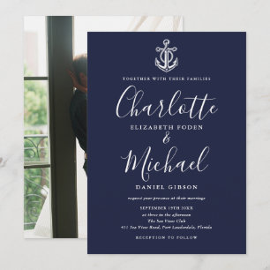 Trouwfoto met anker en navyblauw schrift kaart