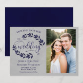Trouwfoto met blauwe laurierbladeren en rustieke g save the date (Voorkant / Achterkant)