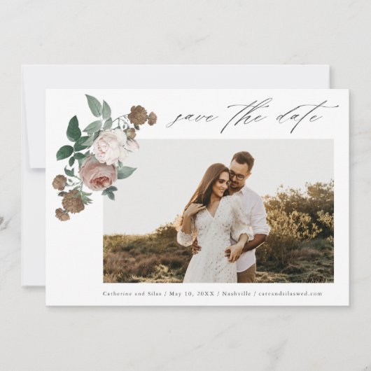 Trouwfoto met bloemen save the date (Voorkant)