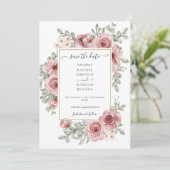 Trouwfoto met bloemige roze goudkleurige stof save the date (Staand voorkant)