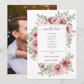 Trouwfoto met bloemige roze goudkleurige stof save the date (Voorkant / Achterkant)