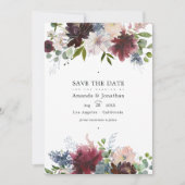 Trouwfoto met bordeaux, marine en blozende bloemen save the date (Voorkant)