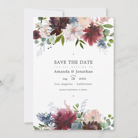 Trouwfoto met bordeaux, marine en blozende bloemen save the date (Voorkant)