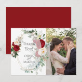 Trouwfoto met dank | Elegante rode pioenensjabloon Bedankkaart (Voorkant / Achterkant)