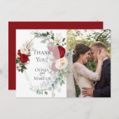 Trouwfoto met dank | Elegante rode pioenensymbool  Bedankkaart (Voorkant / Achterkant)