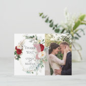 Trouwfoto met dank | Elegante rode pioenensymbool  Bedankkaart (Staand voorkant)