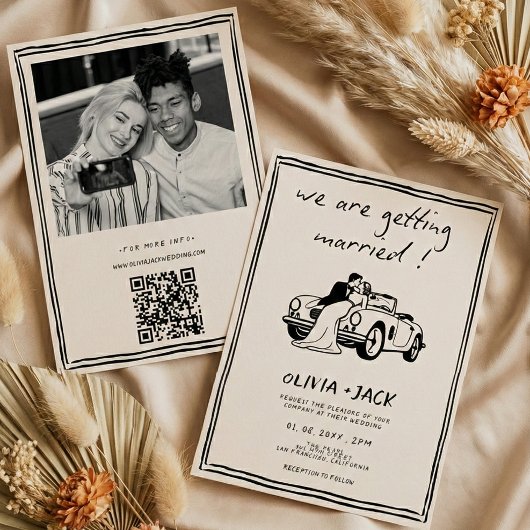Trouwfoto met de Hand Getekende QR Code Bruiloft Kaart
