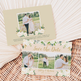 Trouwfoto met drie foto's en bloemmotief in roze e save the date