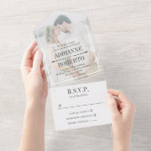 Trouwfoto met grote foto en houtskooltekst all in one uitnodiging (Afscheurbaar)