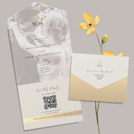 Trouwfoto met ivoor gouden QR-code All In One Uitnodiging