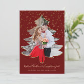 Trouwfoto met kerstboom goud glitters feestdagenkaart (Staand voorkant)