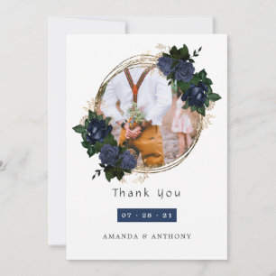 Trouwfoto met marineblauw en gouden bloemen bedankkaart