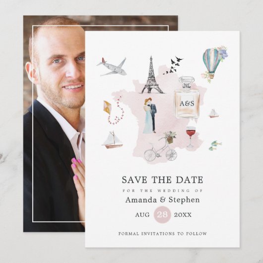 Trouwfoto met monogram in Parijs Save The Date (Voorkant / Achterkant)