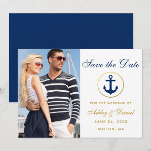 Trouwfoto met Nautilus-blauw en goud Save The Date