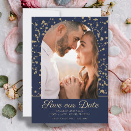 Trouwfoto met Navy Blauwe Gouden Glitter Boog Koep Save The Date