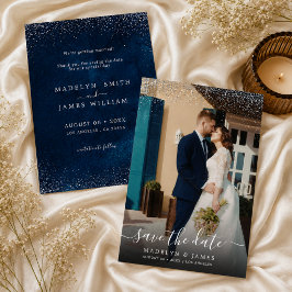 Trouwfoto met Navy Blauwe Zilveren Glitters Save The Date