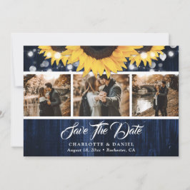 Trouwfoto met Navy Blauwe Zonnebloem Houten Lichtj Save The Date