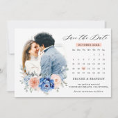 Trouwfoto met Navy Blue Leisteen Stof Blush Bloeme Save The Date (Voorkant)