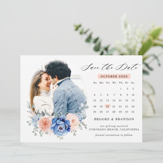 Trouwfoto met Navy Blue Leisteen Stof Blush Bloeme Save The Date (Staand voorkant)
